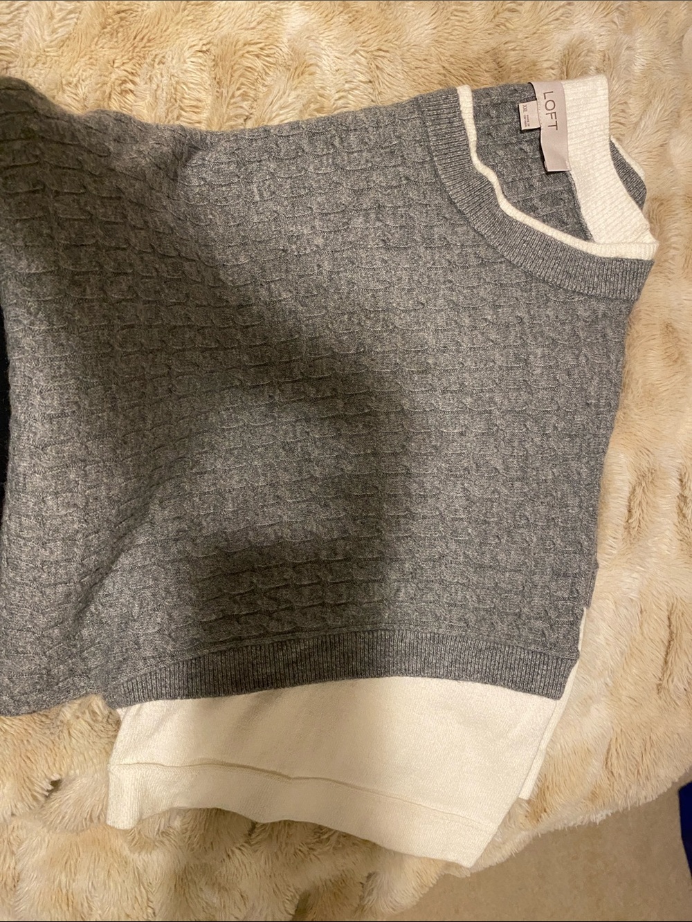 LOFT Gray Crewneck Sweater with Cream Hem Twofer.